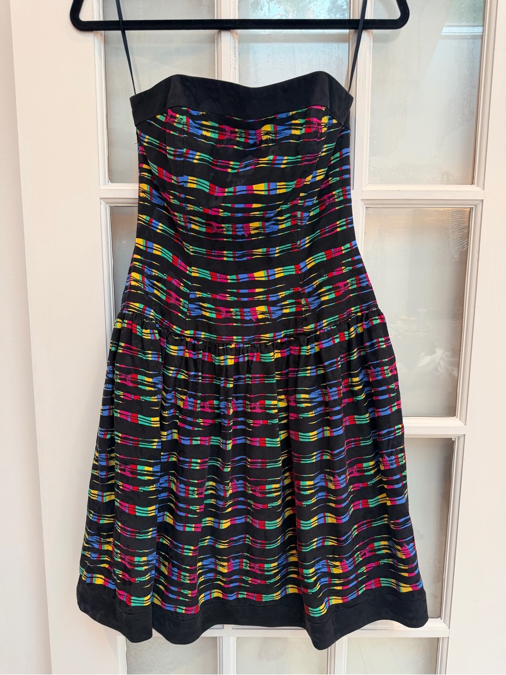 Vintage Saks Fifth Avenue Y2K Silk Strapless Black Dress Plaid Stripes Size 4 S